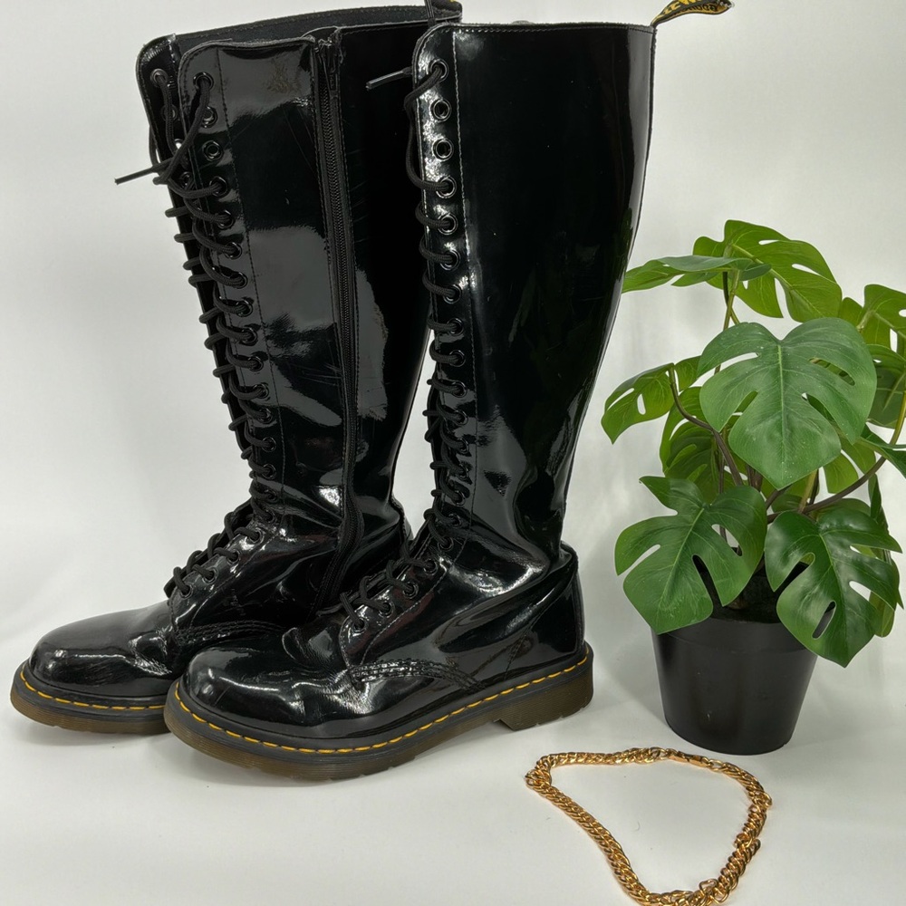 Dr. Martens Black Patent Leather Lace-Up Knee-High Boots